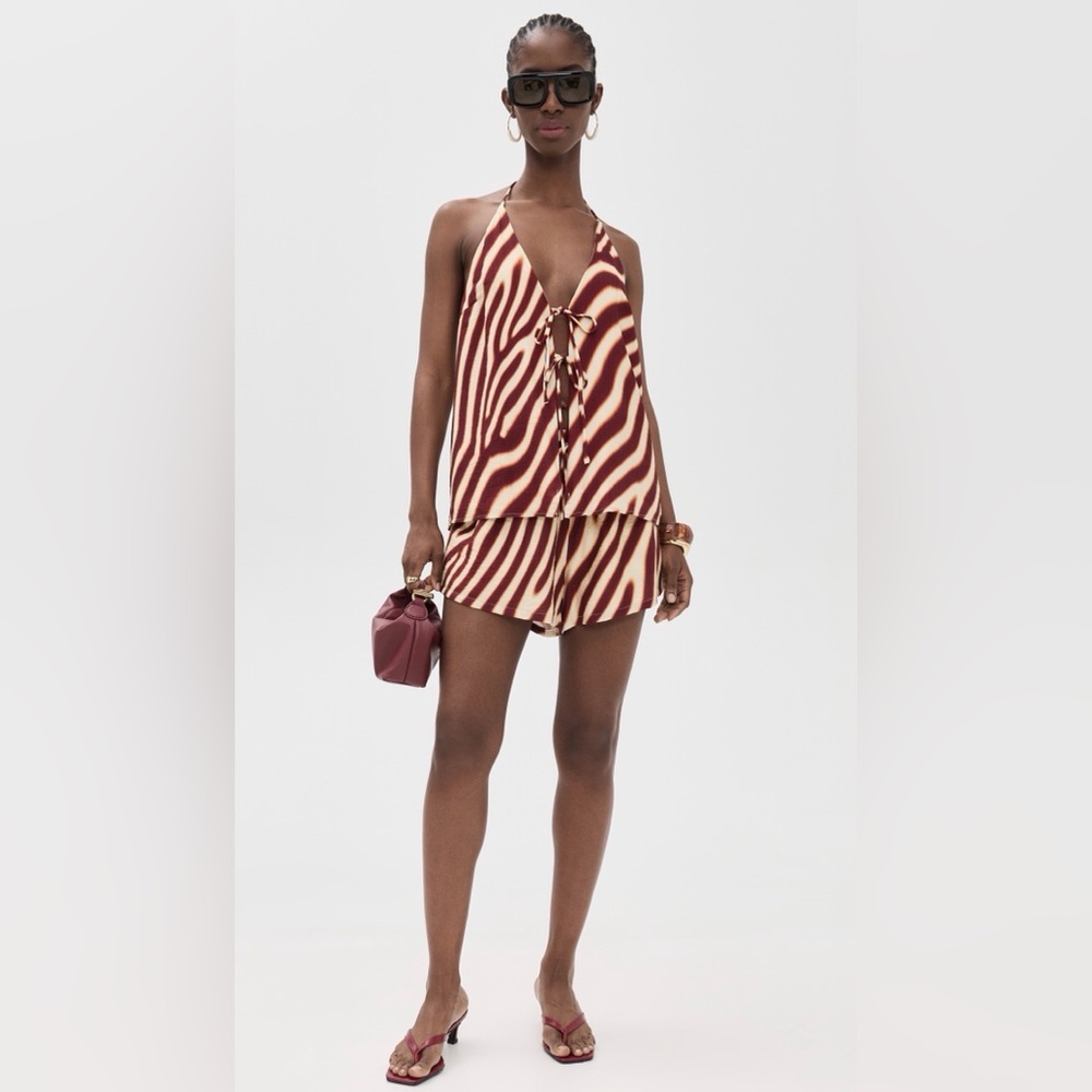 Zebra-Print Lace-Up Halter Camisole and short set - Brown & Cream